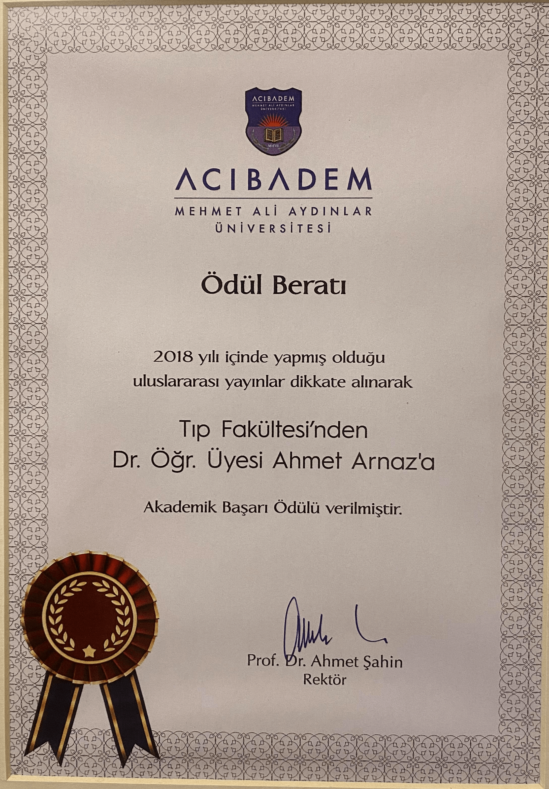 2- Acıbadem - Mehmet Ali Aydınlar Üniversitesi - Ödül Beratı